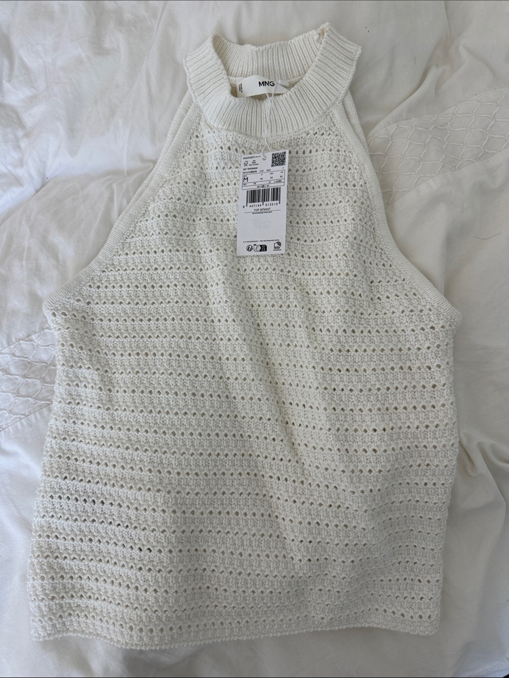 NWT Mango Cream White Crochet Knit Halter Tank Top, Medium